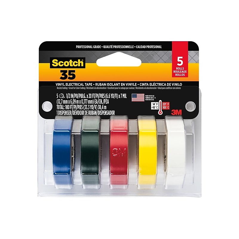 Scotch Vinyl Electrical Tape, 4.88" x 20', Assorted Colors, 5/Pack(10457) image 1