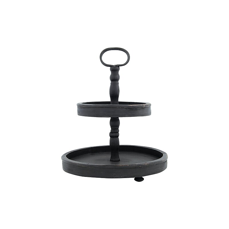Storied Home Distressed Blackwashed Wood 2-Tier Tray with Metal Handle (EC0112) image 1