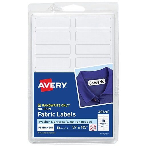 Avery NoIron Fabric Labels, 1/2" x 13/4", White, NonPrintable, 18