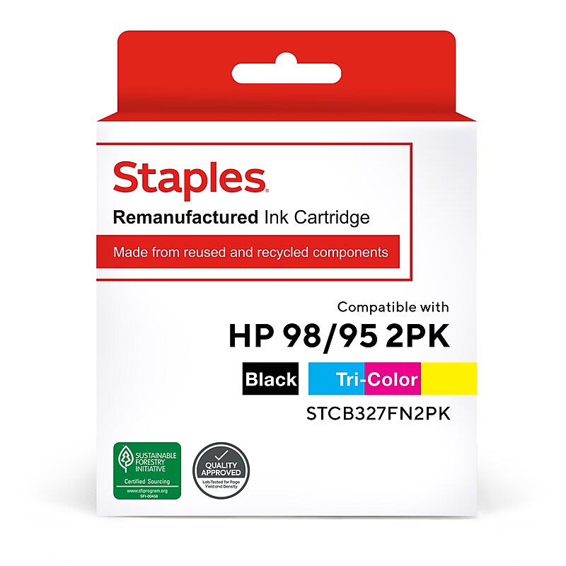 Staples Remanufactured Black/Tri-Color Standard Yield Ink Cartridge Replacement for HP 95/98 (TRCB327FN2PK/STCB327FN2PK), 2/Pack image 1