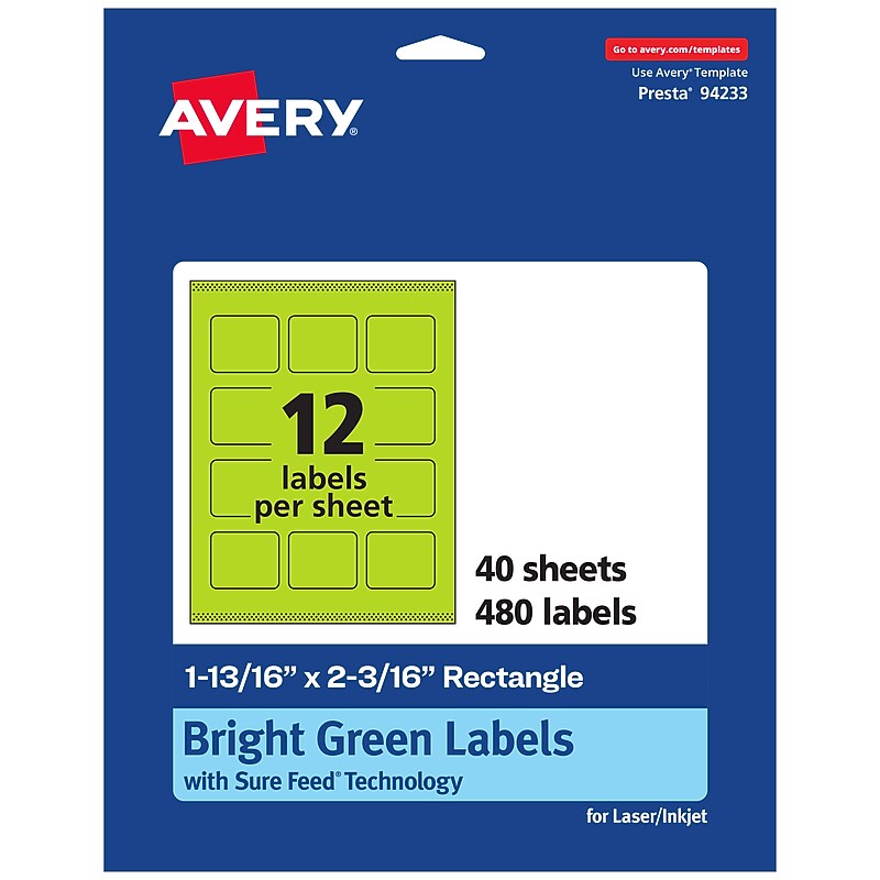 Avery Rectangle Multipurpose Labels, 1-13/16" x 2-3/16", Bright Green, 480/Pack (94233) image 1