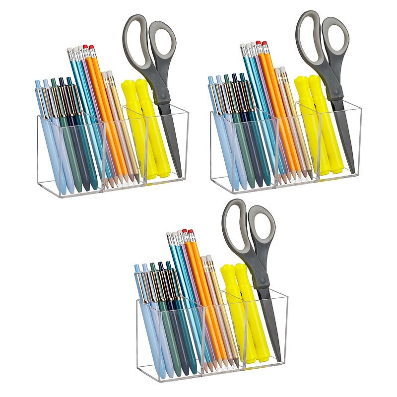 Mind Reader 3-Compartment Plastic Pen and Accessories Holder, Clear, 3/Pack (PENCOMP3-CLR) image 1