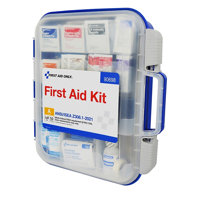 First Aid Only ReadyCare Plastic First Aid Kit with Medication, ANSI 2021 Class A, 50 People, 238 Pieces, Clear/Blue (90698) image 1