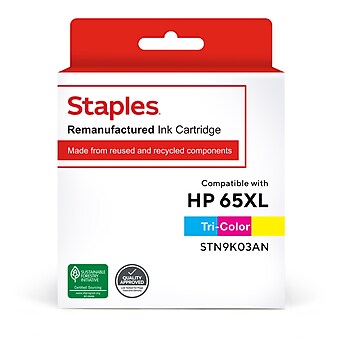 Staples Remanufactured Tri-Color High Yield Ink Cartridge Replacement for HP 65XL (TRN9K03AN/STN9K03AN)