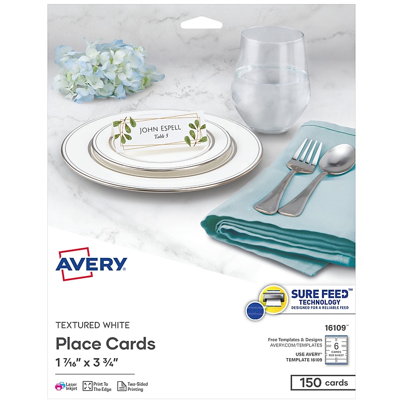 Avery Place Card, 1.44" x 3.75", Textured White, Inkjet/Laser, 150/Pack (16109) image 1
