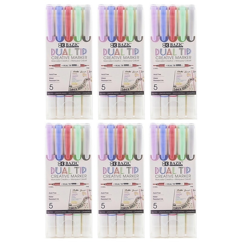 Bazic Alcohol-Based Marker, Twin Tip, Assorted Colors, 5/Pack, 6 Packs/Bundle (BAZ1214-6) image 1