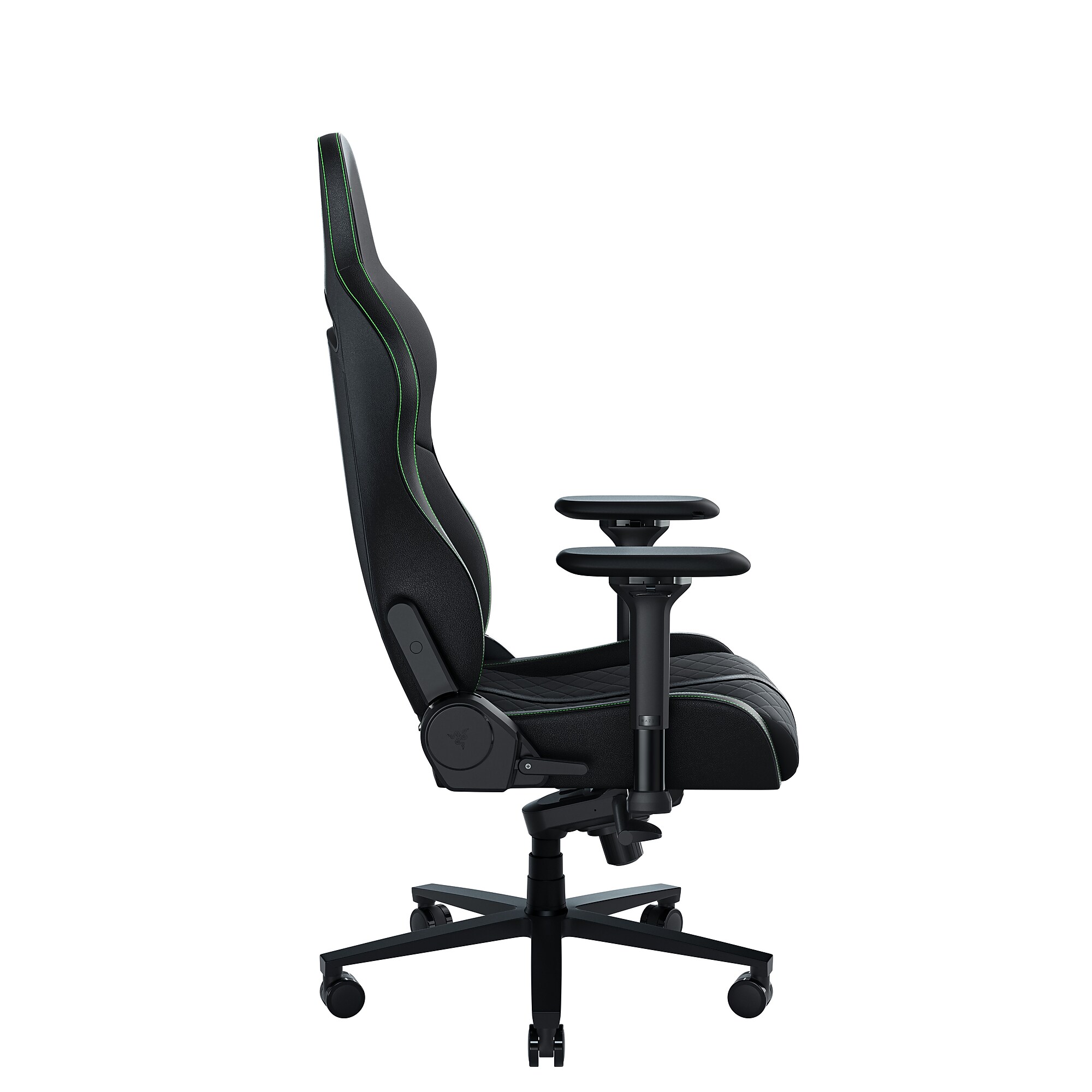 Side view of Razer Enki ergonomic gaming chair in black with green accents