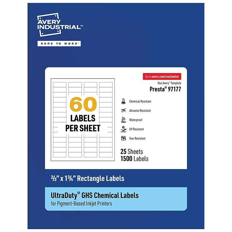 Avery Inkjet UltraDuty GHS Labels, 2/3" x 1-3/4", White, 1500 Labels/Pack (97177) image 1