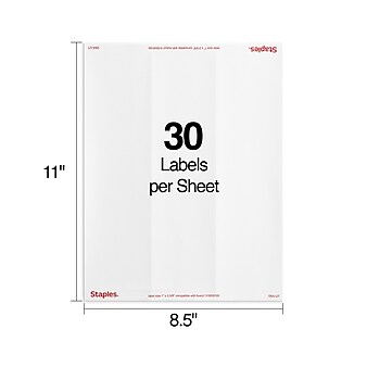 Staples Laser/Inkjet Address Labels, 1" x 2 5/8", White, 30 Labels/Sheet, 100 Sheets/Pack, 3000 Sheets/Box (18057/SIWO100)