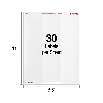 Staples Laser/Inkjet Address Labels, 1" x 2 5/8", White, 30 Labels/Sheet, 100 Sheets/Pack, 3000 Sheets/Box (18057/SIWO100)