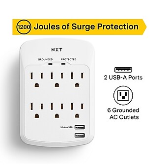 NXT Technologies™ 6-Outlet 2 USB Surge Protector Wall Mount, 1200 Joules (NX54321)