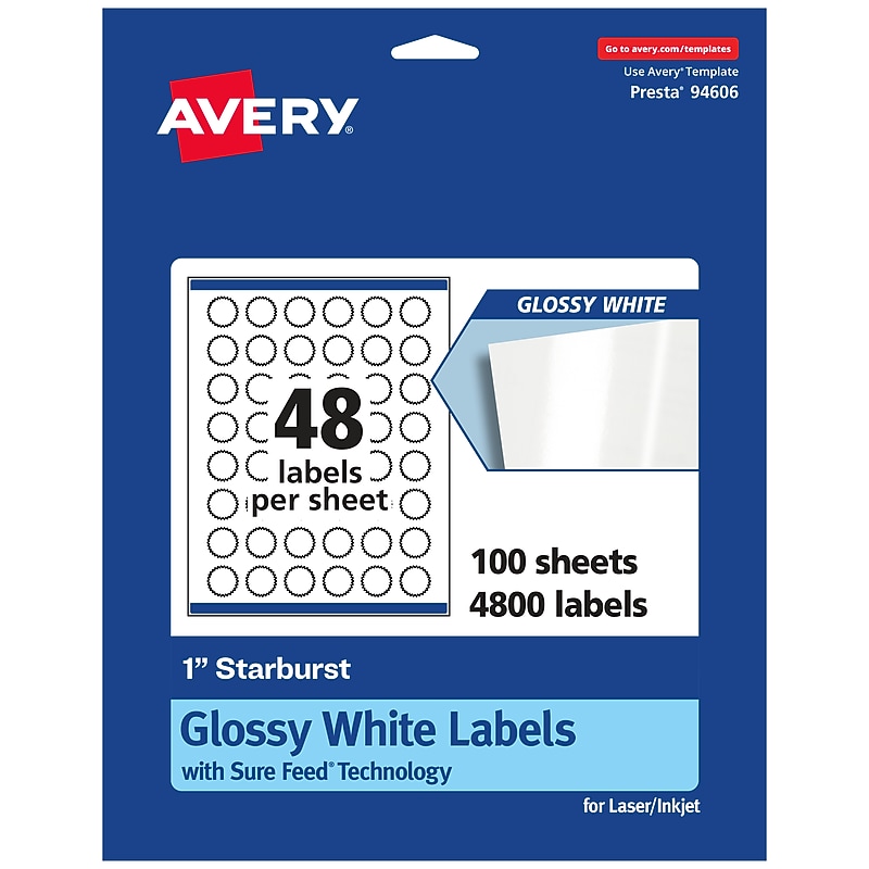 Avery Laser/Inkjet Multipurpose StarburstLabels, 1" Dia, Glossy White, 4800/Box (94606) image 1