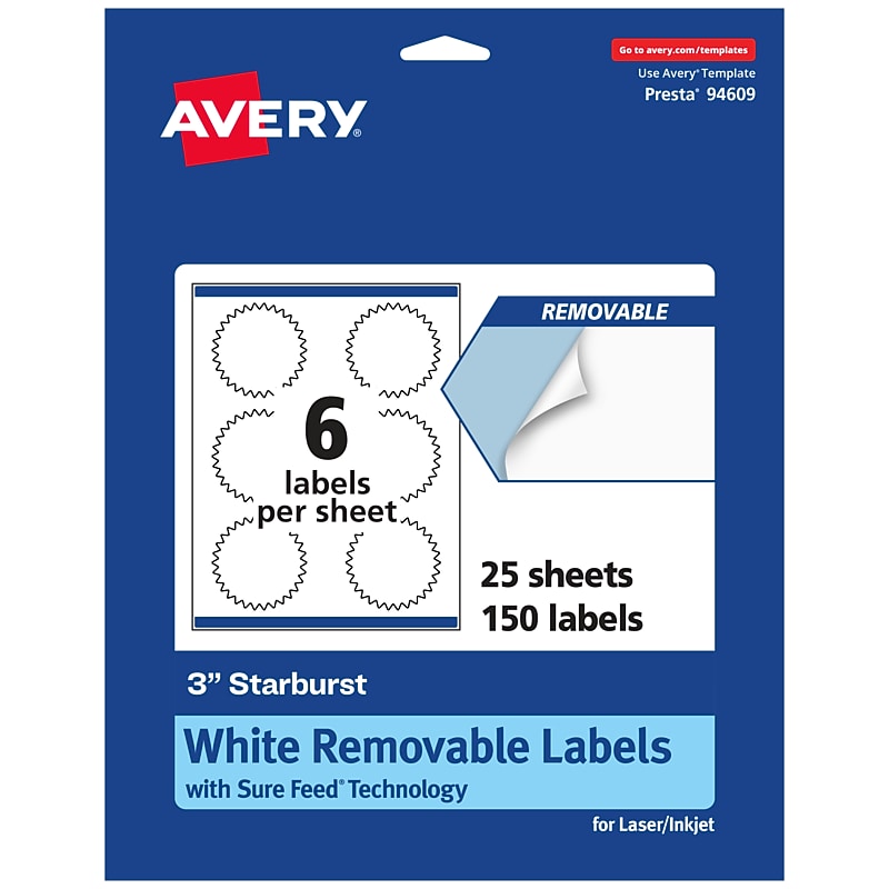 Avery Laser/Inkjet Burst Multipurpose Labels, 3" Dia., White, 150 Labels/Pack (94609) image 1