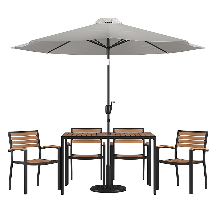 Flash Furniture Lark Outdoor Patio Dining Table Set, Gray Umbrella, 7 Piece Set (X30484UB19BGY) image 1