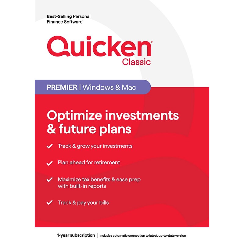 Quicken Classic Premier for 1 User, Windows/Mac/Android/iOS, Product Key Card (170454) image 1