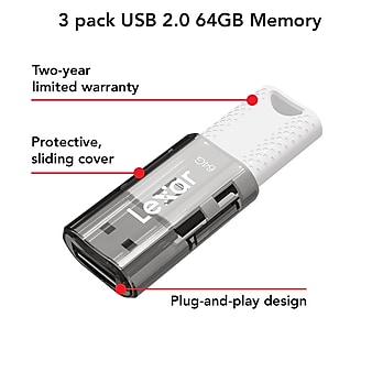 Lexar JumpDrive S60 64GB USB 2.0 Type A Flash Drive, Grey/White, 3/Pack (LJDS60-64GB3NNU)