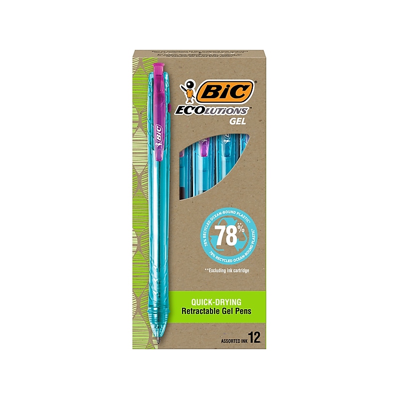 BIC ECOlutions Retractable Gel Pens, Medium Point, 1.0 mm, Assorted Inks, 12/Pack (RGLE11-AST) image 1