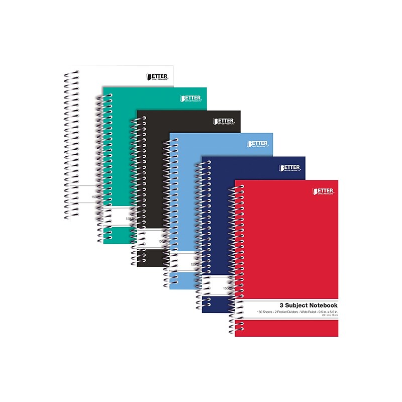 Better Office 3-Subject Notebooks, 5.5" x 9.5", Wide Ruled, 150 Sheets, 6/Pack (25646-6PK) image 1