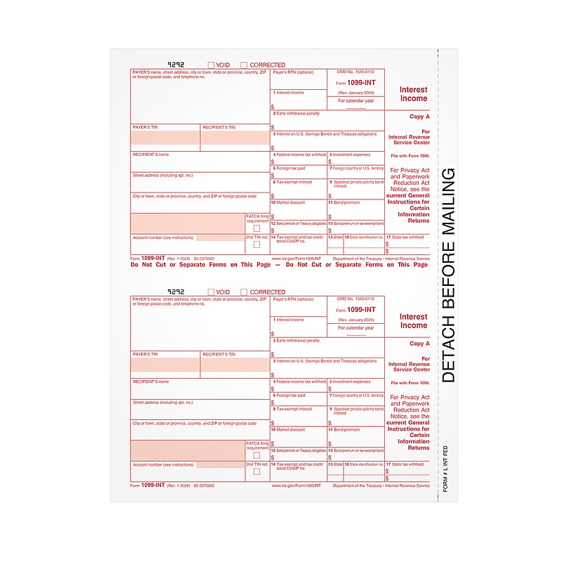 Adams 2024 1099-INT Tax Form, Federal Copy A, 50/Pack (LINTFED-S) image 1