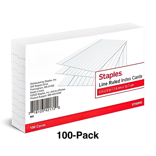 Staples 3" x 5" Index Cards, Narrow Ruled, White, 100/Pack (TR50993