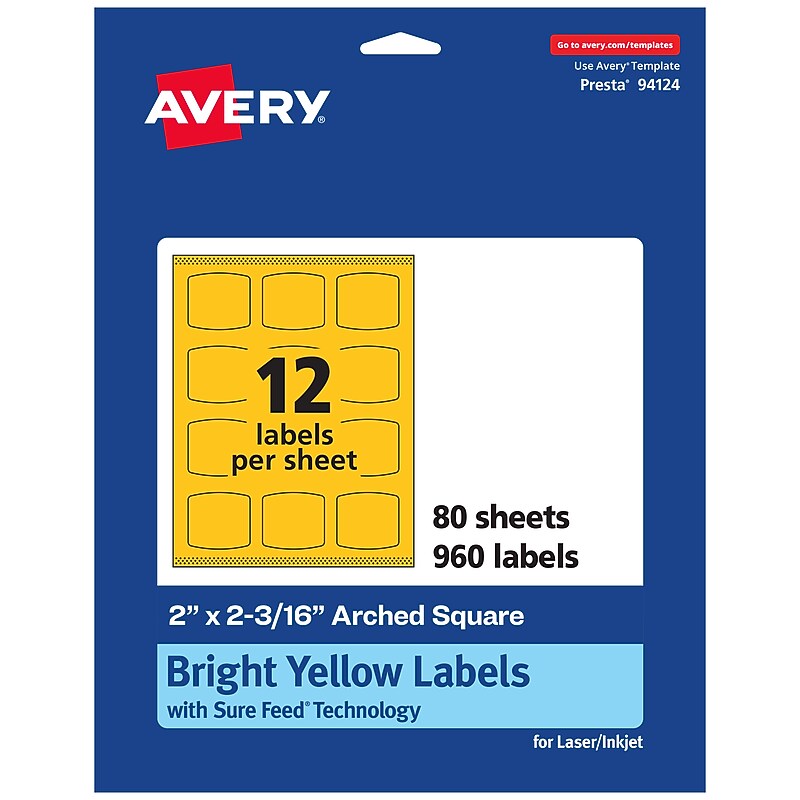 Avery Laser/Inkjet Arched Square Multipurpose Labels, 2" x 2-3/16", Bright Yellow, 960/Box (94124) image 1