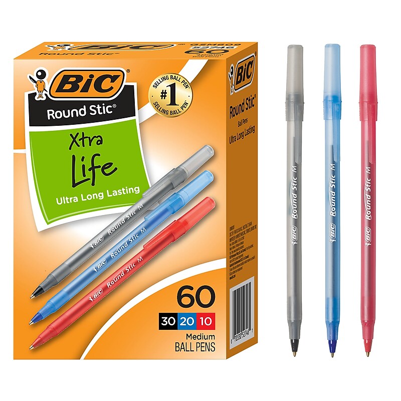 BIC Round Stic Xtra-Life Ballpoint Pen, Medium Point, 1.0mm, Assorted Ink, 60/Pack (GSM609-AST) image 1