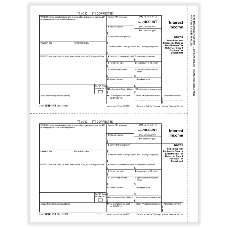 ComplyRight 2024 1099-INT Tax Form, 1-Part, 2-Up, Copy C, 50/Pack (512250) image 1