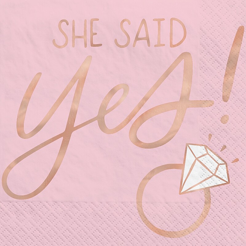 Party City "She Said Yes" Beverage Napkin, 2-Ply, Pink & Rose Gold, 16/Pack (AM5070000) image 1