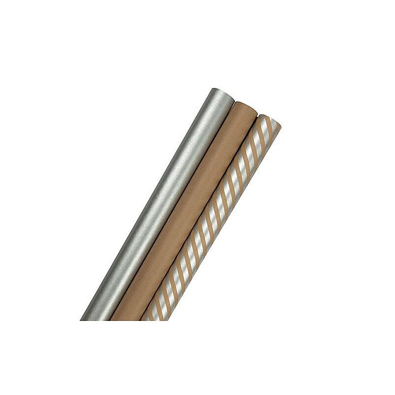 JAM Paper Wrapping Paper, 87.5 Sq Ft, Silver Kraft Stripes and Solid Deluxe Set, 3 Rolls/Pack (77450119) image 1