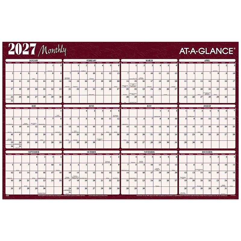 2027 AT-A-GLANCE 48" x 32" Yearly Dry Erase Wall Calendar, Reversible, Red/Blue (A152-27) image 1