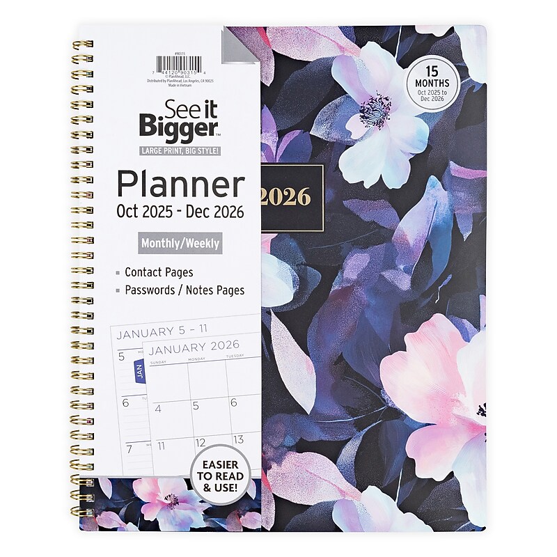 2025-2026 PlanAhead See It Bigger Dark Floral 9.2" x 11.2" Weekly & Monthly Planner, Plastic Cover (90315) image 1