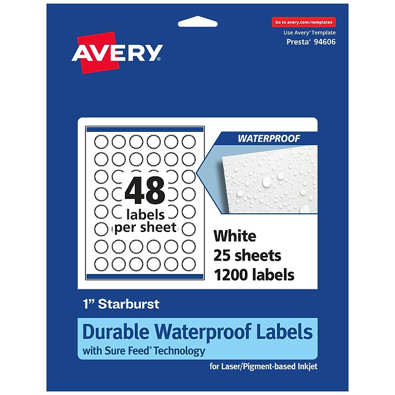 Avery Laser/Inkjet Starburst Waterproof Multipurpose Labels, 1"  Dia, White, 1200/Pack (94606) image 1
