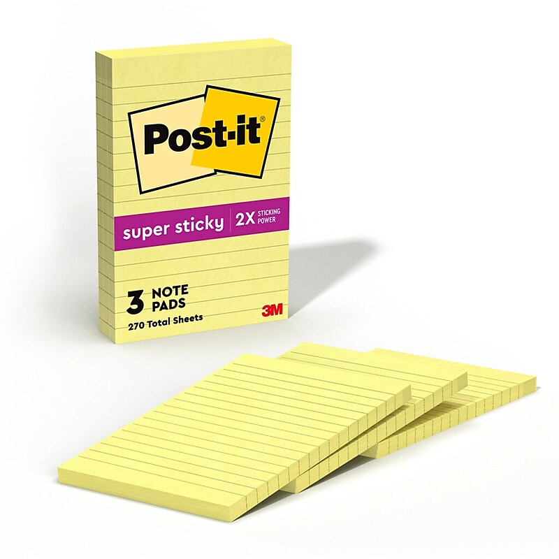 Post-it Super Sticky Notes, 4" x 6", Canary Collection, Lined, 90 Sheet/Pad, 3 Pads/Pack (660-3SSCY) image 1
