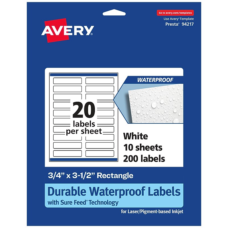 Avery Laser/Inkjet Rectangle Waterproof Multipurpose Labels, 3.5"  x 0.75", White, 200/Pack (94217) image 1