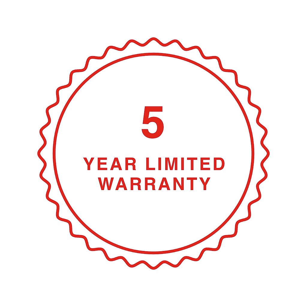 Warranty badge saying '5 year limited warranty'