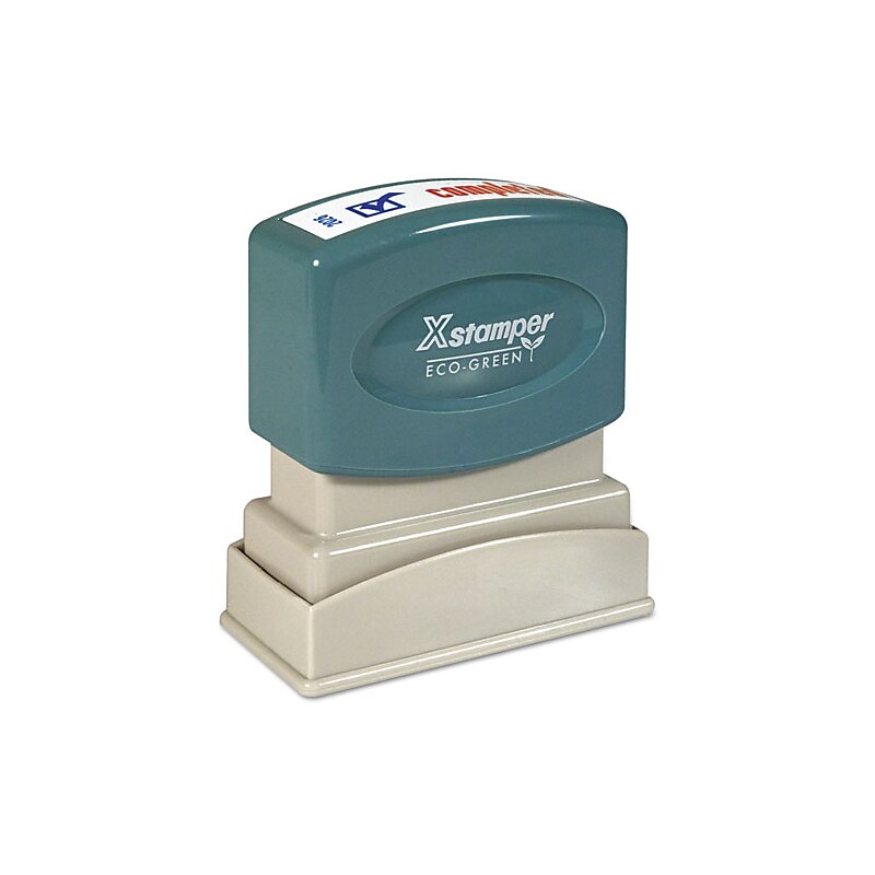 Xstamper Eco-Green Completed Rectangle Pre-Inked Stamp, 1 5/8" x 1/2", Blue and Red Ink (036030) image 1