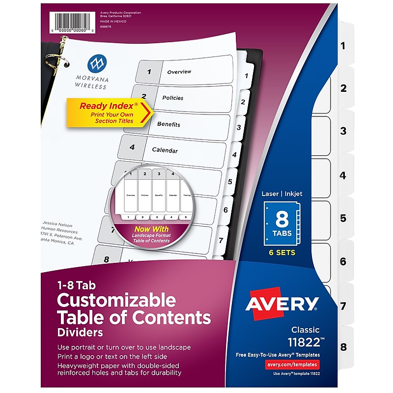Avery Ready Index Table of Contents Paper Dividers, 1-8 Tabs, White, 6 Sets/Pack (11822) image 1