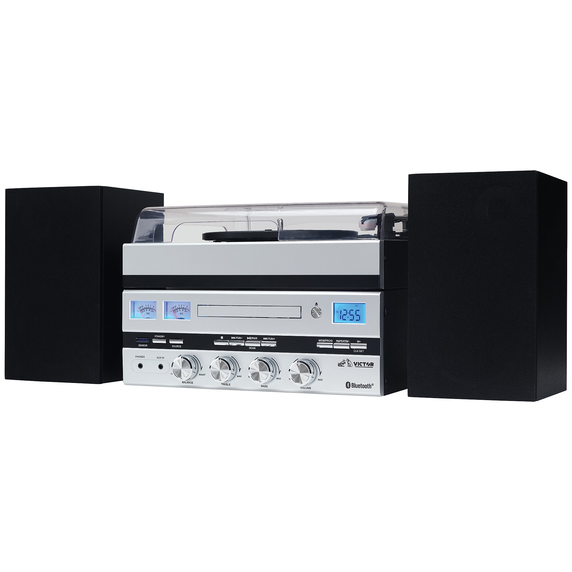 Victor Geneva 5-in-1 Music Center with Bluetooth, CD Player, FM Radio, USB, AUX, Remote Control, and Detached Stereo Speakers Simolary simolary.com