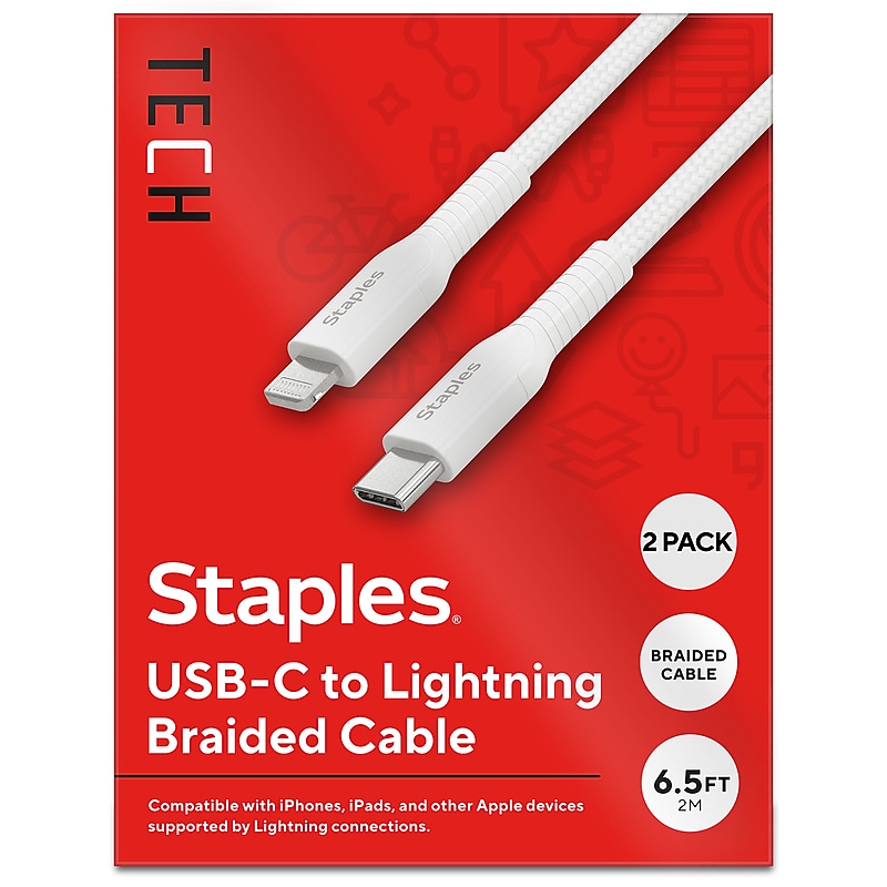 Staples TECH Lightning to USB-C Charging Cable, 6.5 ft., White, 2/Pack (ST62333-VB) image 1