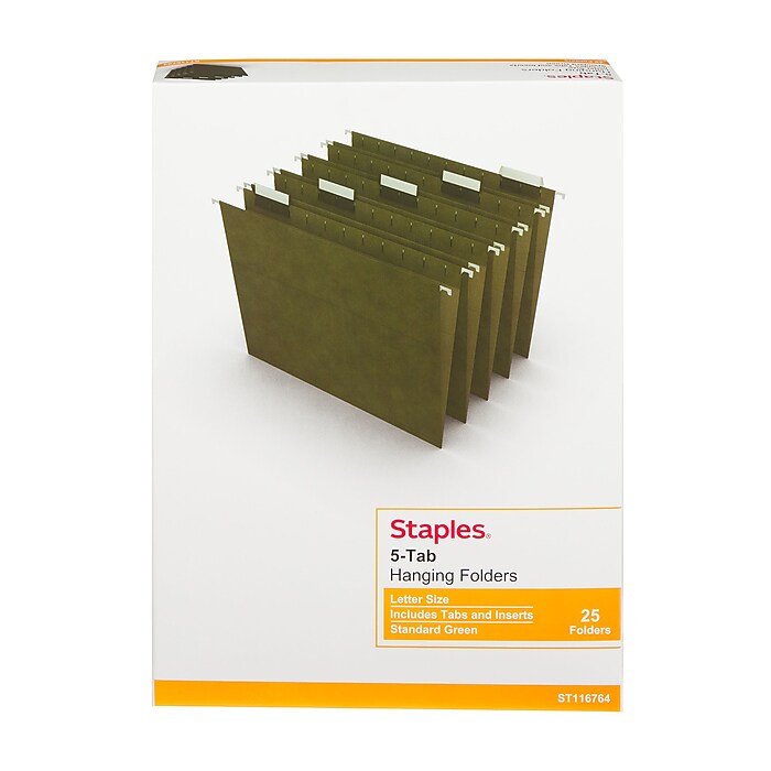 hanging Staples® 100% Recycled Hanging File Folders, Letter, 1/5-Cut Tab, Letter  Size, Standard Green, 25/Box (ST116764) | Staples