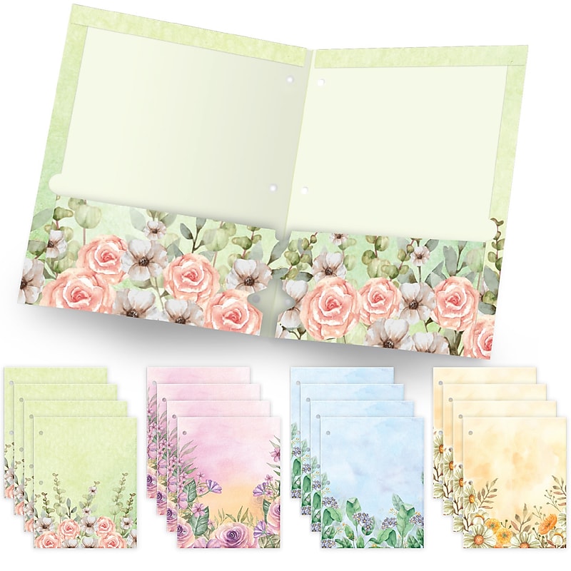 Global Printed Products Watercolor Floral 3-Hole Punched 2 Pocket Presentation Folder, Assorted Colors, 16/Pack (GPP-0100-E) image 1