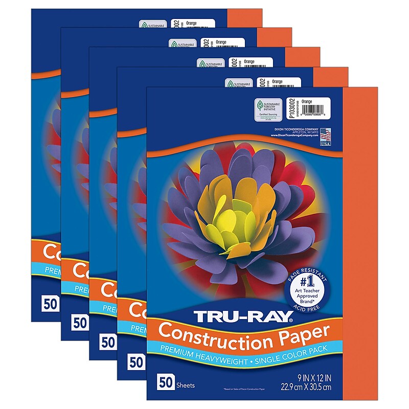 Tru-Ray 9" x 12" Construction Paper, Orange, 50 Sheets/Pack, 5 Packs/Bundle (PAC103002-5) image 1