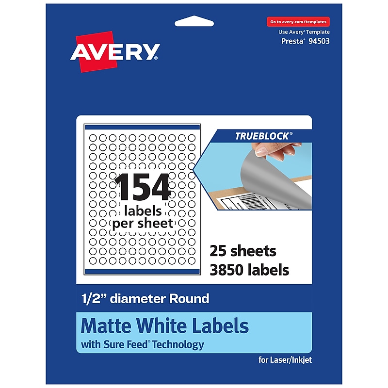 Avery TrueBlock Laser/Inkjet Round Multipurpose Labels, 0.5" Dia., White, 3850 Labels/Pack (94503) image 1