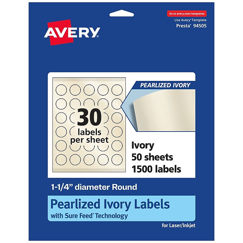 Avery Laser/Inkjet Round Multipurpose Labels, 1.25" Dia., Ivory, 1,500 Labels/Box (94505) image 1