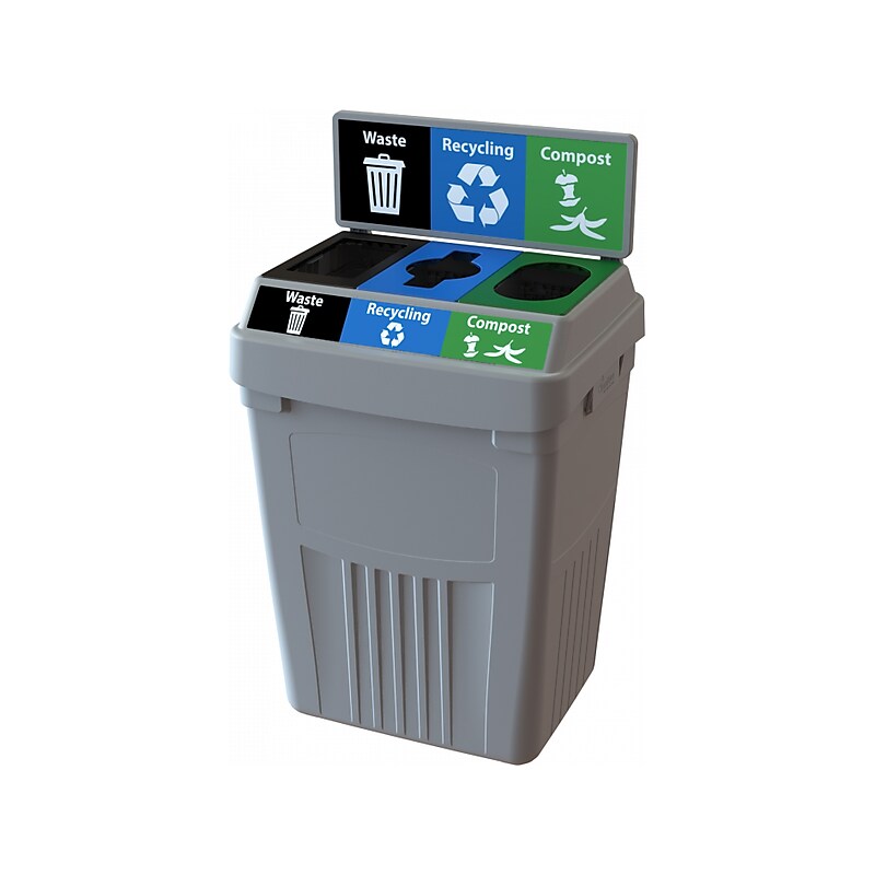 CleanRiver FlexE Plastic Three-Stream Recycling Station, 50 Gallon, Gray (FX50B-GY3-R-BE-W-BK-C-GN) image 1