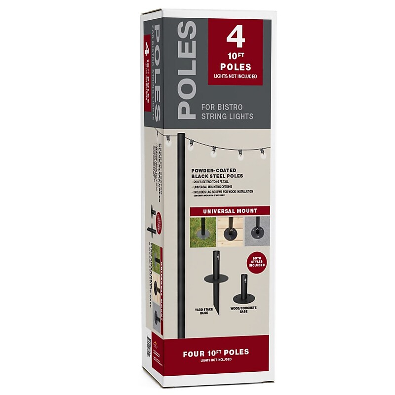 Excello Global Products Bistro Pole for String Lights, Black, 4/Pack (EGP-HD-0361) image 1