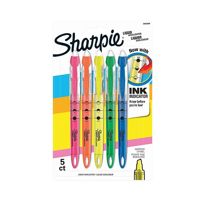 Sharpie Liquid Highlighter, Chisel Tip, Assorted, 5/Pack (24575PP