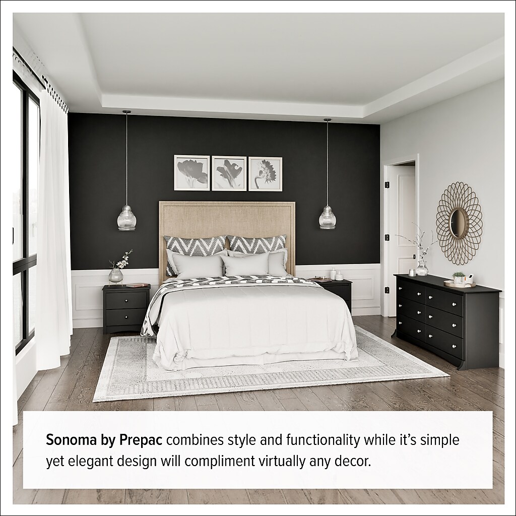 Bedroom setup featuring two black dressers by Sonoma