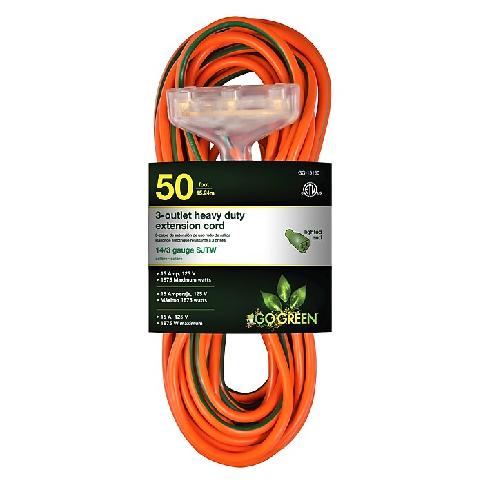 GoGreen Power 50' Indoor/Outdoor Extension Cord, 3-Outlet, 14 AWG
