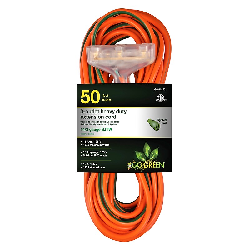 GoGreen Power 50' Indoor/Outdoor Extension Cord, 3-Outlet, 14 AWG, Orange (GG-15150) image 1